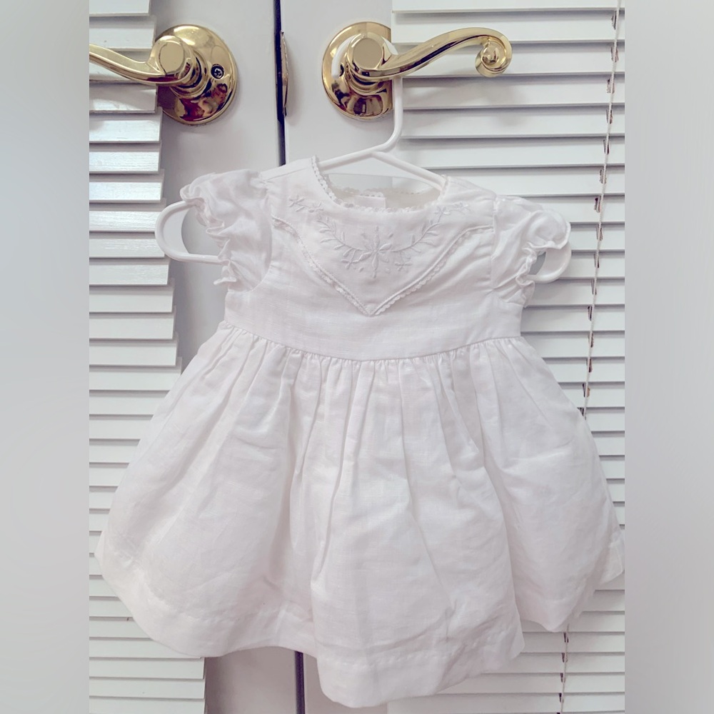 COPY - Janie and Jack Newborn White Linen Dress with Floral Embroidery and Bow